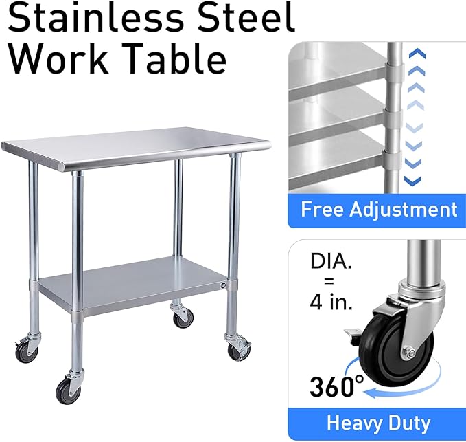 ROCKPOINT Stainless Steel Table for Prep & Work with Caster Wheels 14x30 Inches, NSF Metal Commercial Kitchen Heavy Duty Table with Adjustable Under Shelf and Table Foot for Restaurant, Home and Hotel