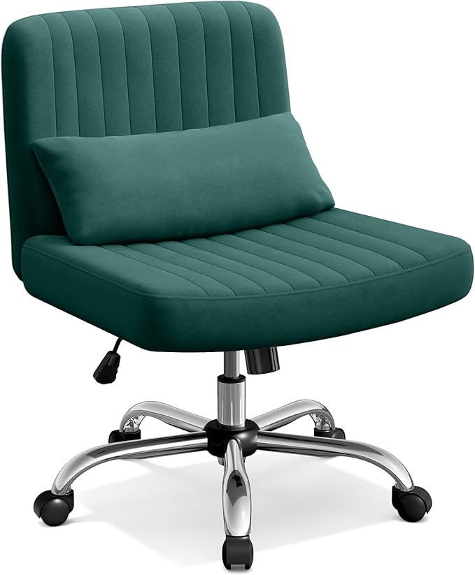 Warmiehomy Criss Cross Office Chair with Wheels, Velvet Cross-Legged Desk Chairs for Home, Armless Height Adjustable Swivel Wide Seat Computer Chair, Morden Vanity Chair for Women, Dark Green
