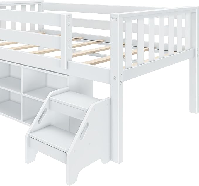 Max & Lily Soren Ultra Low Loft Bed, Twin Bed Frame for Kids with Bookcase, White