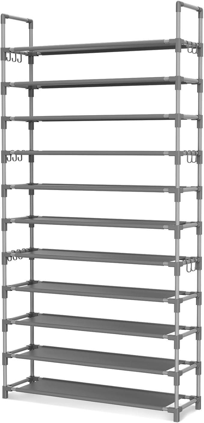 11 Tiers Tall Shoe Rack Holds 55 Pairs of Shoes with 18pcs Hooks Sturdy Wide Shoe Organizer Storage Free Standing Metal Shoe Shelf for Closet, Entryway Grey
