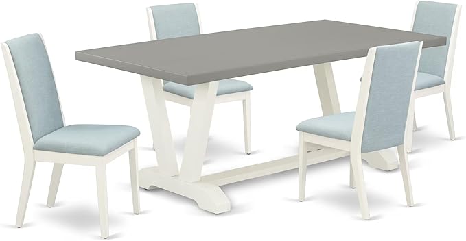 East West Furniture V097LA015-5 5 Piece Modern Dining Table Set Includes a Rectangle Wooden Table with V-Legs and 4 Baby Blue Linen Fabric Upholstered Chairs, 40x72 Inch, Multi-Color
