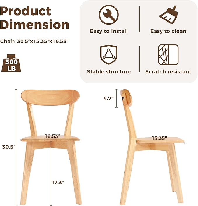 DELAVIN Soild Wood Dining Chairs Set of 6, Mid Century Oak Wood Kitchen Chairs, Vintage Dining Room Chairs Set Suitable for Kitchen, Natural
