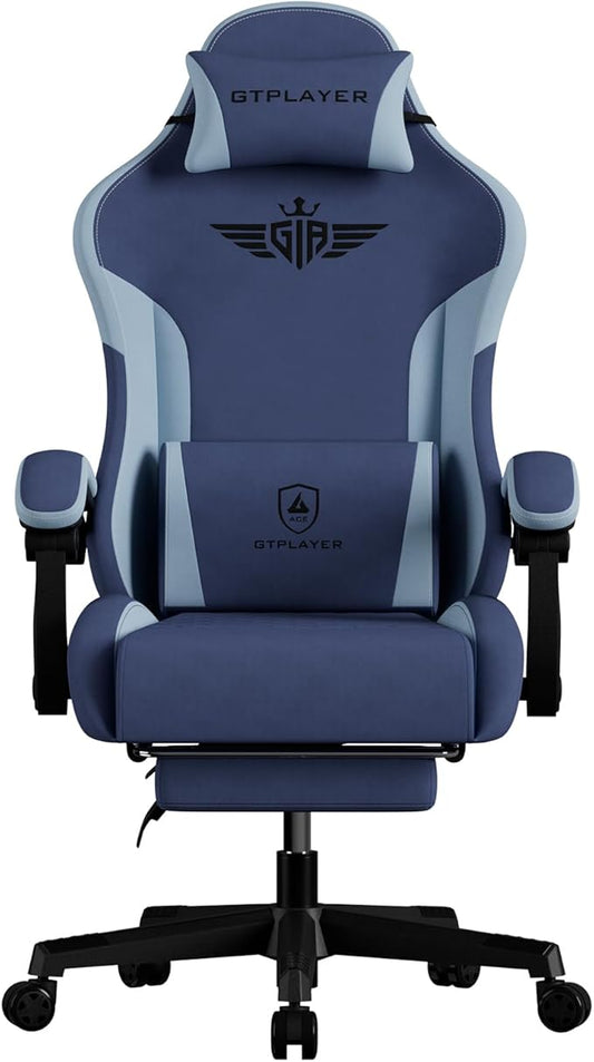 GTPLAYER Gaming Chair Fabric with Footrest, Big and Tall Game Chair High Back Computer Office Chair with Lumbar Support for Adults, Ergonomic Swivel Games Chair with Cushion Gaming Dark Blue