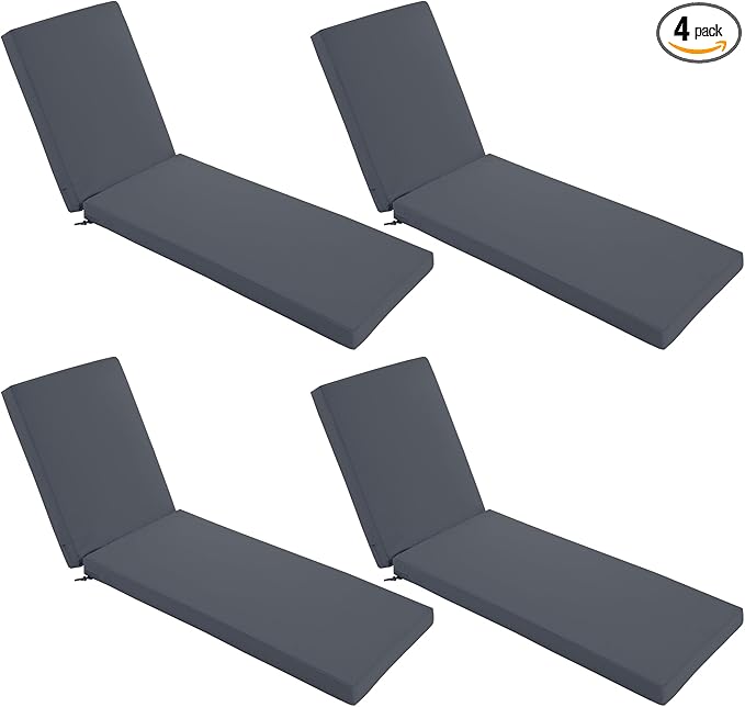 Chaise Lounge Cushions Outdoor Set of 4 - Waterproof and Fade Resistant Sun Lounger Replacement Cushions - Patio Lounger Pads with Removable Cover for Pool, Deck, 72 x 21 x 3 Inch, Dark Grey