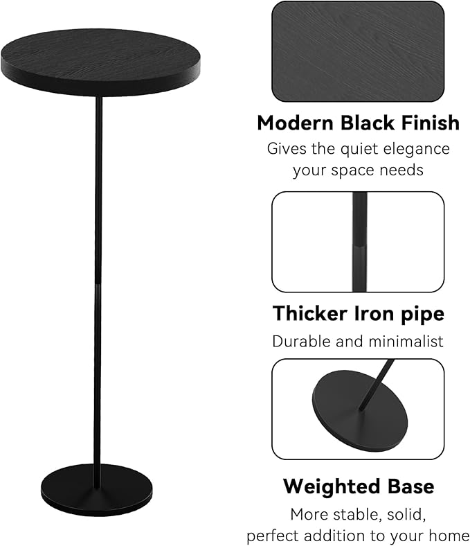 Round Pedestal Table Upgraded Side Black Drink with Weighted Base, Modern Cocktail Martini End Table for Small Space Sofa Couch Chair Living Room Bedroom Dorm Patio