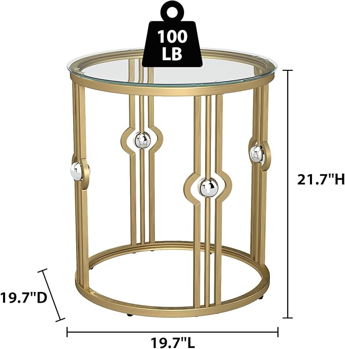 OIOG Glass Side Table Set of 2, Living Room End Table with Tempered Glass & Metal Frame, Gold Side Table for Bedroom Office, 2 PC