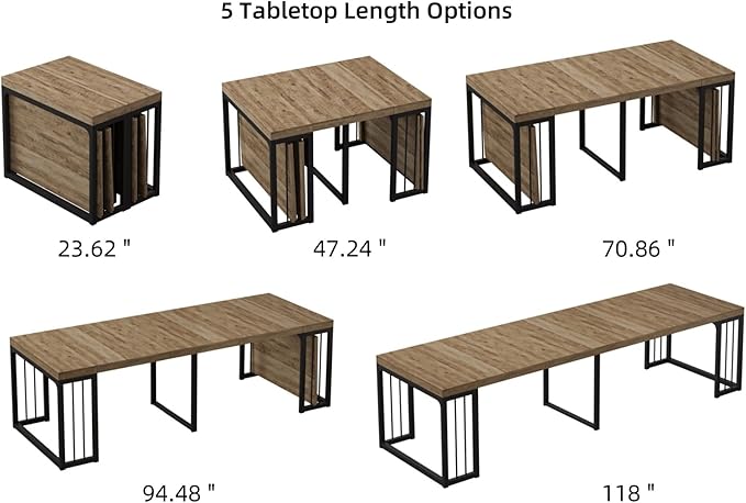 KEIKI 23.62" - 118" L Extendable Foldable Dining Room Table for 2-10 People, Wood Modern Rustic Rectangle Expandable Kitchen Living Meeting Room Furniture, 5 Tabletop Length Options