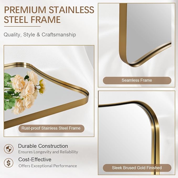 ANDY STAR Gold Vanity Mirror, 22x30 Inch Brushed Gold Bathroom Mirror, Antique Brass Asymmetrical Mirror in Rust-Proof Stainless Steel Metal Frame, Unique Butterfly Shape, Ideal for Home Remodel