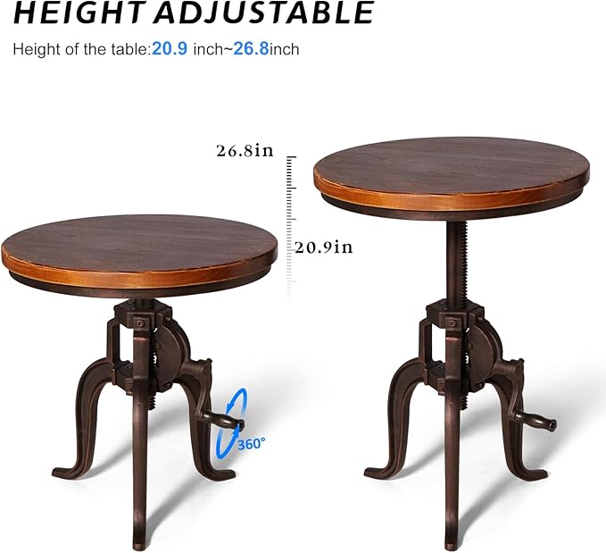 Industrial Iron Adjustable Crank Accent Table,Walnut Wood Top/Copper Home Decor Crank End Table