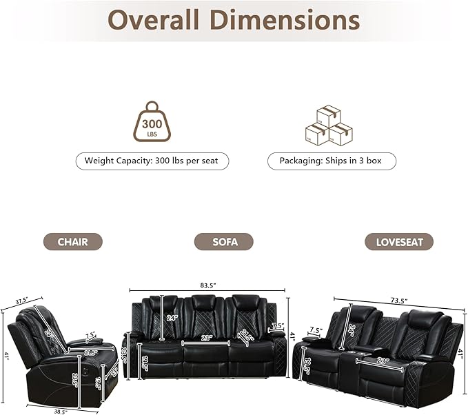 PU Leather Power Reclining Sofa Set for Home Theater, Chair, Loveseat & Couch with Wireless Charging, USB Ports, Cup Holders, LED Lights, Storage Console