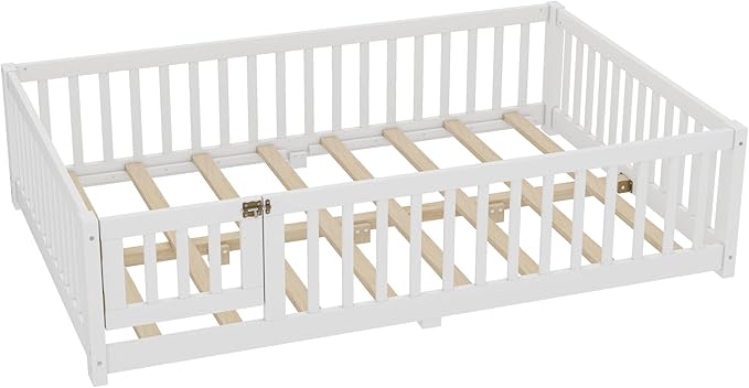 Bellemave Full Floor Bed with Slats and Safety Guardrails, Kids Montessori Floor Beds with Fence and Door, Easy Assemble Floor Bed for Kids, Girls, Boys, White