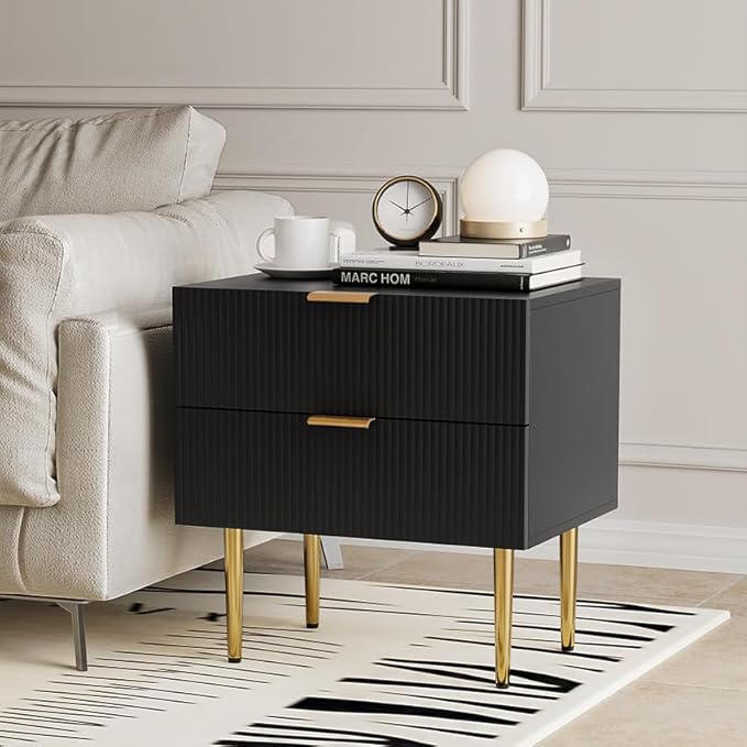 Black Nightstand for Bedroom, Fluted Night Stand Set of 2, Mid Century Modern Bedside Table with Gold Metal Legs