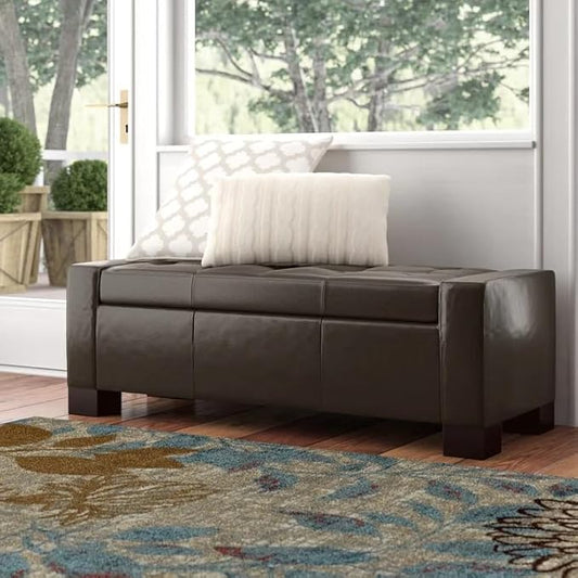 Ball & Cast 50.8" Upholstered PU Storage Ottoman with Tufted Waffle Stitch,End Bench w/Uses Pressure Hinges and Wood Legs,Entryway Footrest Stool for Living Room & Bedroom,Brown