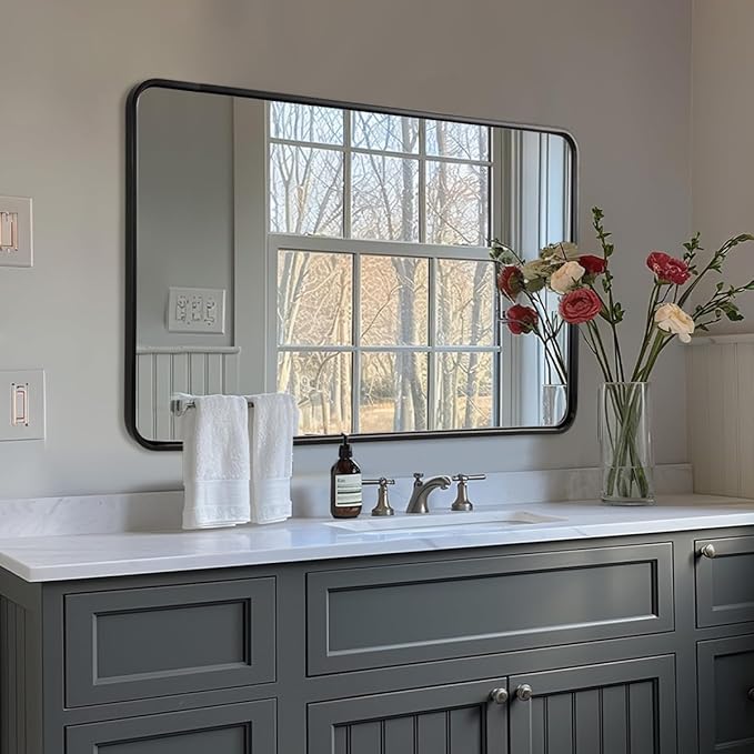 ANDY STAR 30’’x48’’ Black Bathroom Mirror, Rounded Rectangle Black Metal Framed Bathroom Vanity Mirror for Wall, Iron Tube, 1’’ Deep, Wall-Mounted Horizontal/Vertical