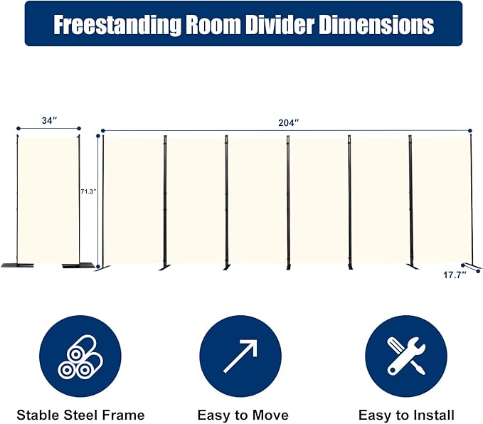 Room Divider 6FT Portable Room Dividers and Folding Privacy Screens, 204'' W Fabric Divider for Room Separation, 6 Panel Partition Room Dividers Freestanding Wall Divider Screen for Dorm Studio Office