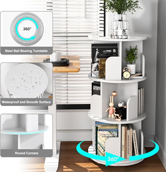 Nidouillet Rotating Bookshelf, Revolving Bookcase 360 Display Round Bookshelf Narrow Swivel Corner Book Shelf Standing Bookcase for Adult Bedroom, Living Room (White, 3 Tier)