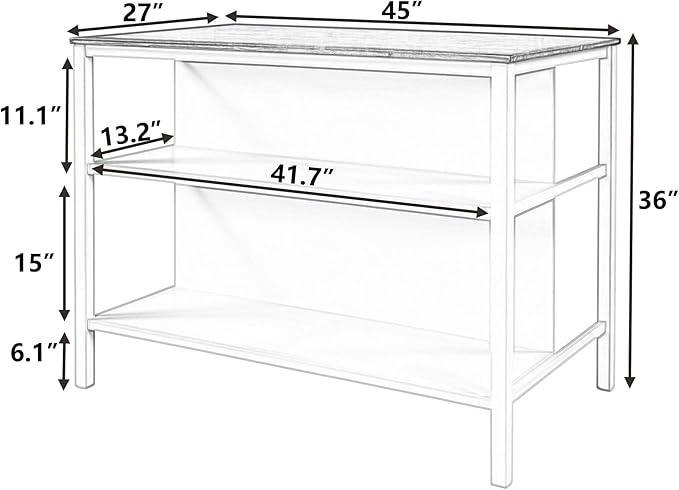 Ball & Cast 45" Solid Wood Rustic Stationary Kitchen Island,with 2 Shelves,Rubber Butcher Block Dining Table w/Shelf Half Full Open Side,for Dorm,Apartment,Walnut