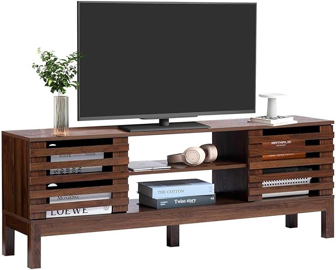 HollyHOME Wood TV Stand for TVs up to 65", Mid Century TV Stand with Storage, Modern Entertainment Center with Fence Door, Accent TV Media Console Table for Living Room, 53"(L), Retro Brown