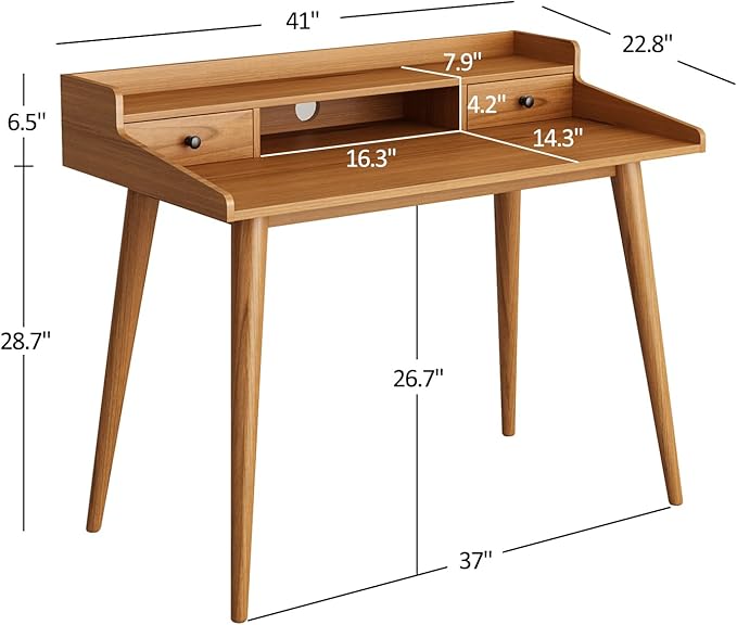 Mid Century Modern Desk, 41" Wood Home Office Writing Computer or Laptop Desk with Monitor Stand Riser and Open Storage Cubby, Vanity Desk with 2 Drawers