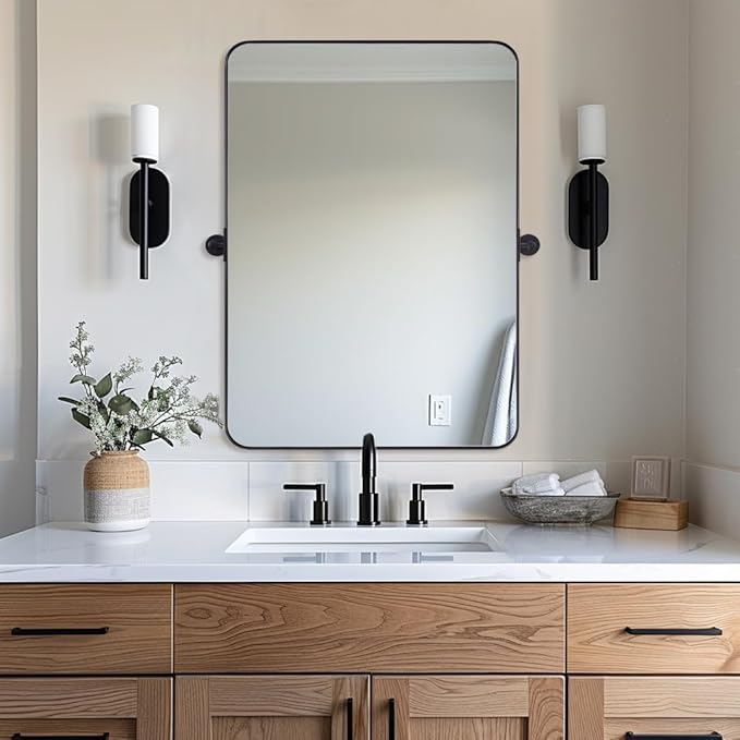 MOON MIRROR 20" x 28" Black Metal Framed Pivot Rectangle Bathroom Mirror, Tilting Rounded Rectangular Vanity Mirror for Wall Mounted Hangs Vertical only