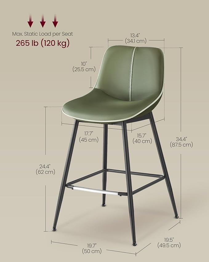 VASAGLE Bar Stools Set of 2, Counter Height Bar Stools with Back, Ergonomic Backrest, Synthetic Leather, Metal Legs, 24.4-Inch Tall Barstools for Kitchen Island Home Bar, Easy Assembly, Forest Green