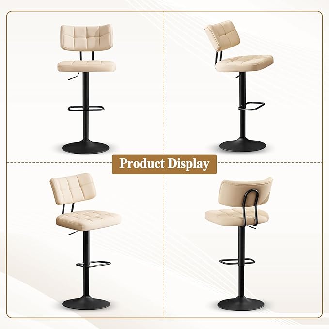 Furniliving Upholstered Bar Stools Set of 4, Faux Leather Swivel Bar Stools with Back, Adjustable Counter Height Barstools for Kitchen Island, Dining Space, Beige