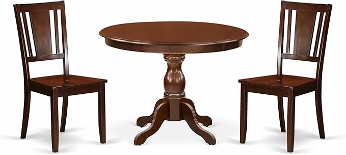 East West Furniture HBDU3-MAH-W 3 Piece Dining Room Table Set Contains a Round Kitchen Table with Pedestal and 2 Dining Chairs, 42x42 Inch, Mahogany