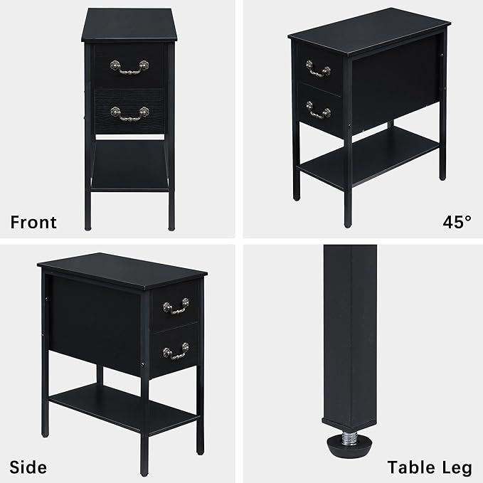 VECELO End Tables,Narrow Nightstand with Drawers and Storage Shelf,Modern Night Stand for Small Spaces, Living Room,Bedroom