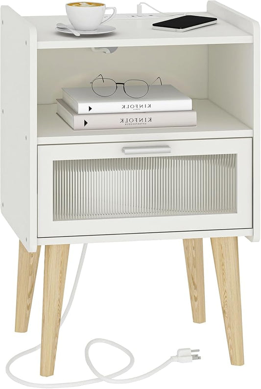 Nightstand with Charging Station, Bedside Tables with Glass Decorative Door, End Table Side Table with 2 Tiers Storage Space, for Bedroom, Living Room, White CAMLBZ07WE