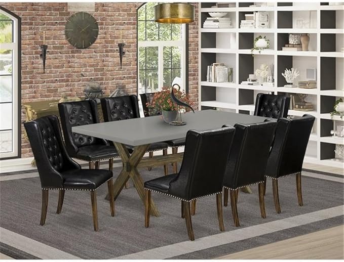 East West Furniture X797FO749-9 9 Piece Dining Set Includes a Rectangle Dining Room Table with X-Legs and 8 Black Faux Leather Upholstered Parson Chairs, 40x72 Inch, Multi-Color