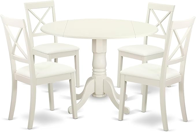 East West Furniture DLBO5-LWH-LC 5 Piece Dining Room Furniture Set Includes a Round Kitchen Table with Dropleaf and 4 Faux Leather Upholstered Dining Chairs, 42x42 Inch, Linen White