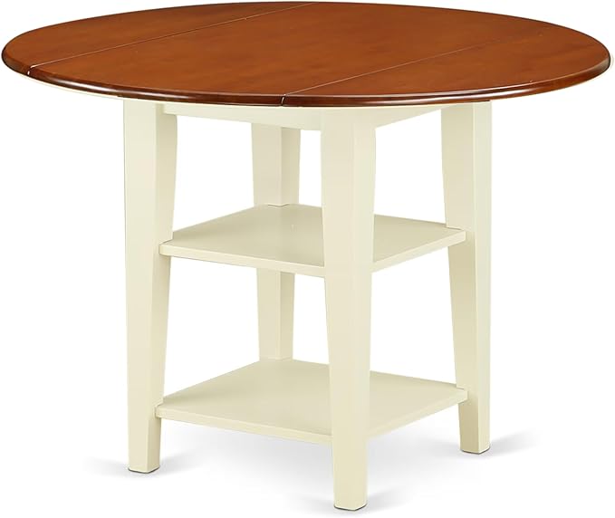 East West Furniture SUNI5-BMK-W 5 Piece Modern Dining Table Set Includes a Round Wooden Table with Dropleaf & Shelves and 4 Dining Room Chairs, 42x42 Inch, Buttermilk & Cherry