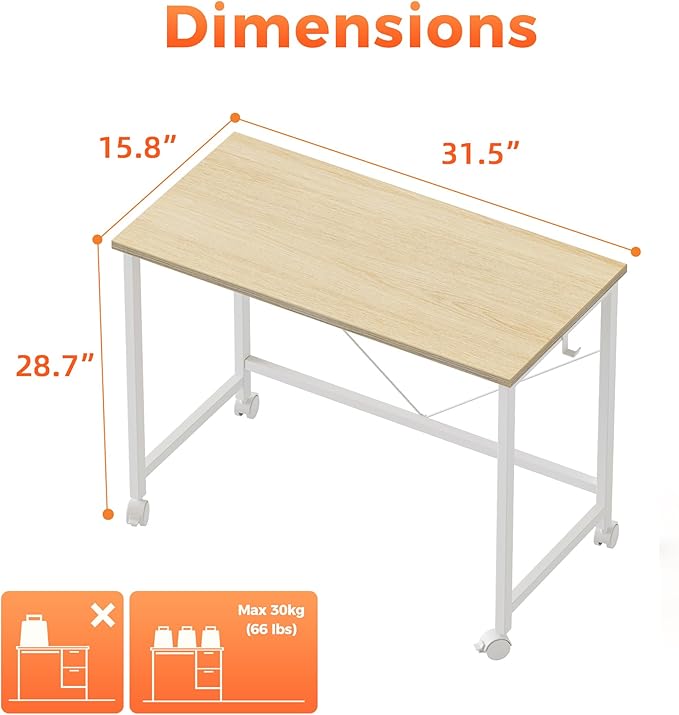 Rolling Computer Desk with Wheels, Gaming Desk for Small Spaces, Modern Simple Style Table for Home Office, Study Writing Table (Caster, Oak, 32 inch)