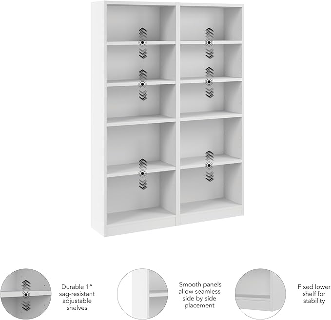 Bush Furniture Universal 25W Tall 5 Shelf Bookcase in White - Set of 2, Matching Storage and Display Bookshelves for Home Office or Living Room Organization