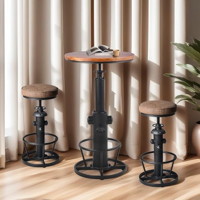 Industrial Bar Stools-Swivel Pu Seat-Vintage Kitchen Island Stool-Counter Bar Height Adjustable 25-31inch-Footrest