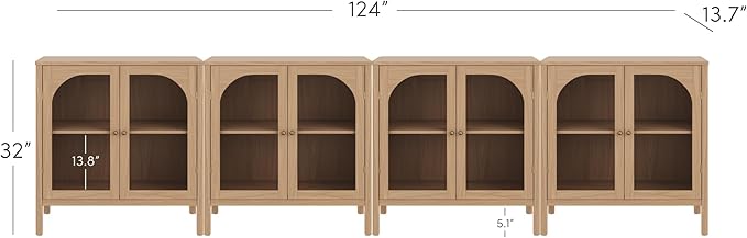 Nathan James Mason Modern Farmhouse TV Stand, Free Standing Accent Sideboard Buffet, Cabinet with Glass Doors and Adjustable Shelf, Clear Glass/Raw Oak Set of 4