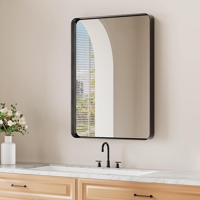 Koonmi Black Bathroom Mirror for Wall, 22x30 Inch Matte Metal Deep Framed Rounded Corner Wall Mirror, Shatterproof Tempered Glass for Farmhouse Bedroom Entryway, Vertically or Horizontally