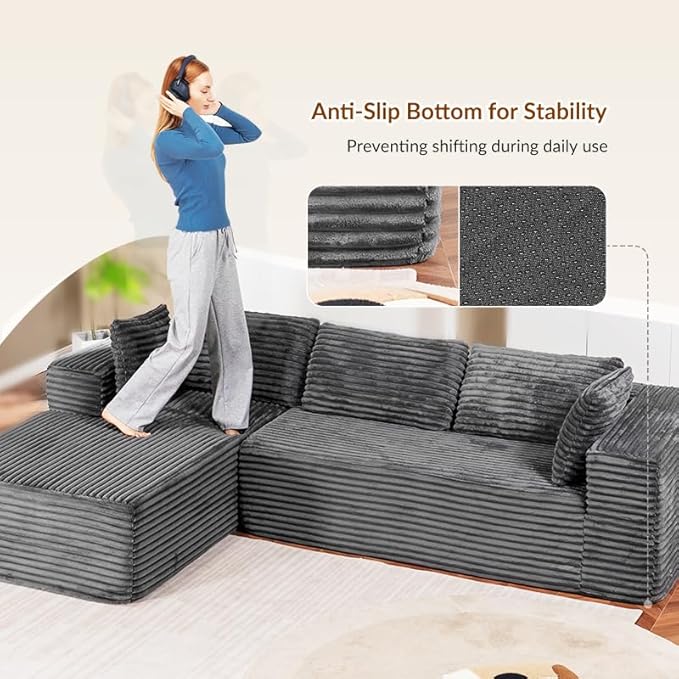 COMHOMA 105”Modular Sectional Sofa with Deep Seat,Cloud Upholstered L-Shape Couch Wide Arms Corduroy Fabric High-Density Foam Chaise Lounge for Living Room No Assembly Required