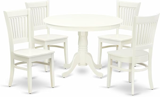 East West Furniture HLVA5-LWH-W 5 Piece Dining Room Furniture Set Includes a Round Kitchen Table with Pedestal and 4 Dining Chairs, 42x42 Inch, Linen White