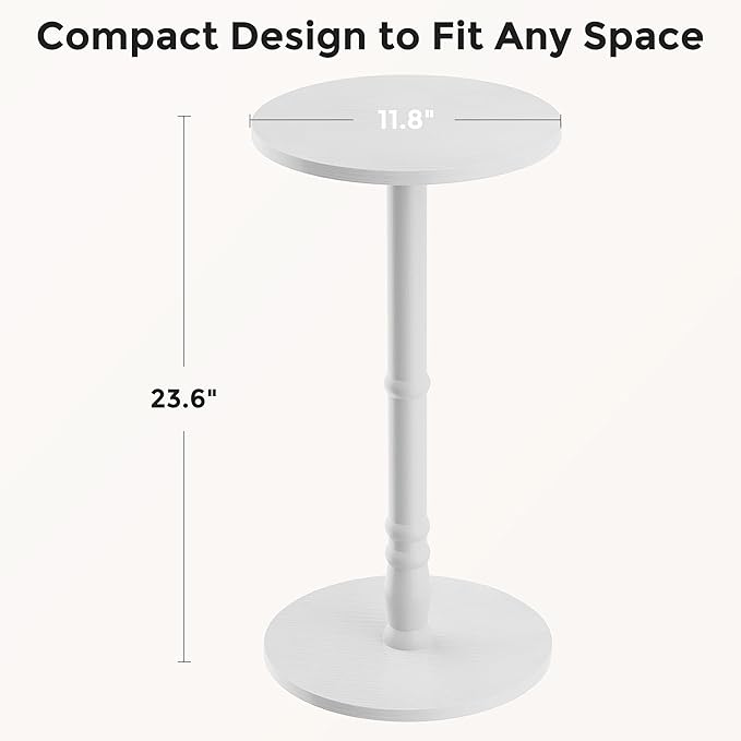 Round Side Table, Solid Wood Pillar with Wood Top & Base, Small Drink Accent Table for Living Room, Bedroom, Sofa & Office, Easy Assembly, White