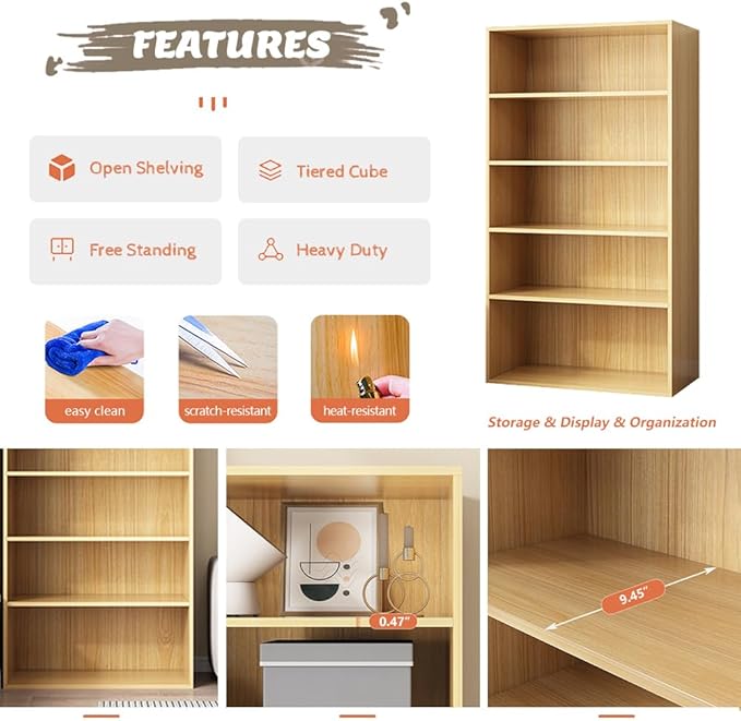 Basic Open Shelf Bookcase - 4-Tier Wooden Cube Storage Shelves Split Bookshelf, Oak