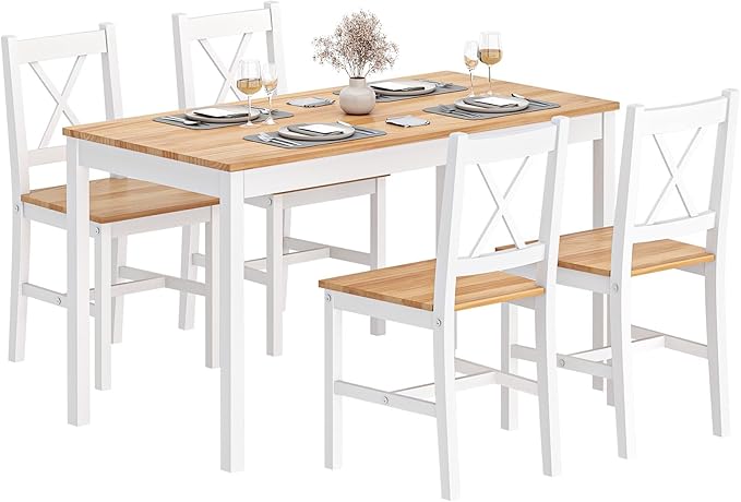 SogesPower Dining Table Set for 4, Wood Rectangular Kitchen Dining Table Set with 4 Chairs, 5-Piece Space-Saving Kitchen Table Set for Dining Room Small Space, White+Oak 43"