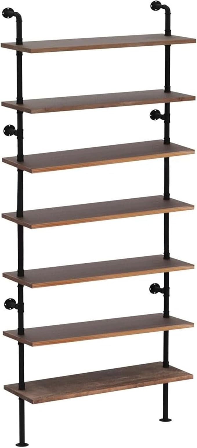 7 Tier Industrial Wall Mounted Ladder Shelf Bookcase, Rustic Wood Metal Pipe Industrial Shelves for Living Room Decor and Storage (Weathered Brown, 7 Tier - 10" D x 36" W x 95.5" H)