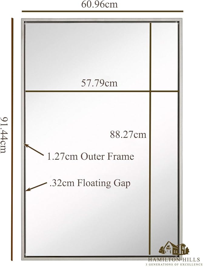 Hamilton Hills 30x40 inch Bathroom Mirror Cabinet - Large Rectangular Wall-Mounted Mirrors for Bathroom - 1/2 inch Floating Frame Vanity Mirror with Nickel Glass - Hangs Horizontal or Vertical
