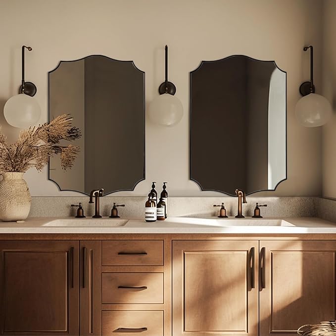 Black Scalloped Vanity Mirror, Matte Black Bathroom Mirrors, Metal Framed Black Wall Mirror, 22x30 Irregular Shaped Mirror, Rectangle Wavy Wall Mirror, Mounted Vertically or Horizontally