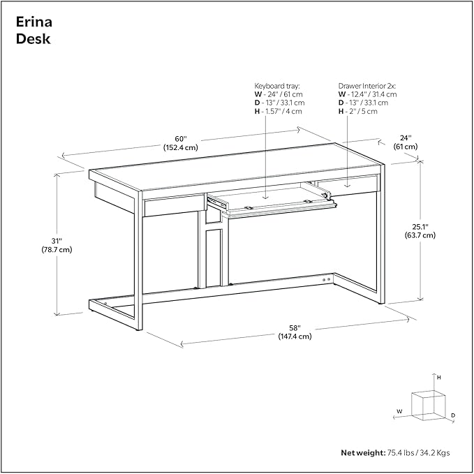 SIMPLIHOME Erina Desk - 60-Inch Wide Solid Acacia Wood and Metal Writing Desk in Distressed Charcoal Brown, Modern Industrial Home Office Computer Table for Study with 2 Drawers and Keyboard Tray