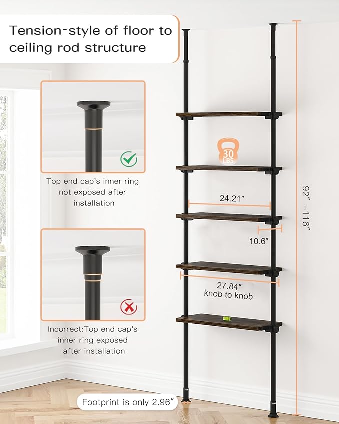 ALLZONE 5 Tiers Narrow Bookshelf, Tall Adjustable Ladder Book Shelf with Open Storage, Floor to Ceiling Tension Mount, Wooden Industrial Bookcase for Living Room, 92 to 116 Inch, Brown