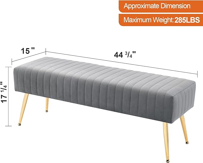Furniliving 44 Inch Bedroom Benches, Upholstered Tufted Striped Fabric Ottoman Bench with X-Shaped Metal Legs for Living Room, Solid Wood Indoor Bench for Foyer (Grey)
