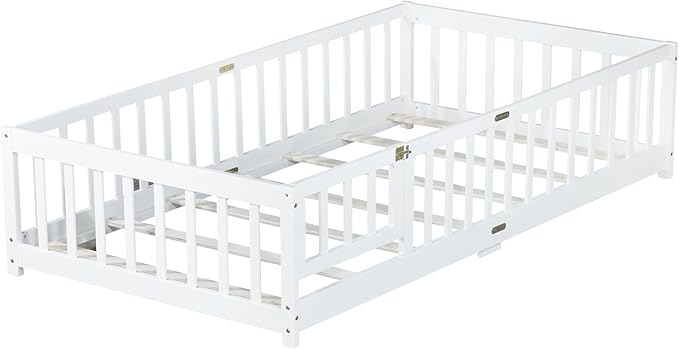 Twin Floor Bed with Slats and Center Support Bar, Wood Montessori Floor Bed with Fence and Door, Kids Montessori Bed Twin Size, Twin Size Montessori Floor Bed for Kids, Girls, Boys(Twin White)