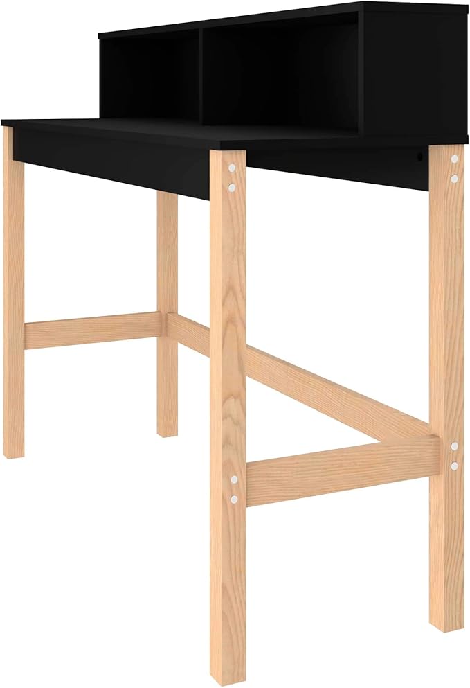 Manhattan Comfort Bowery 47 Inch Mid Century Modern Home Office Desk, Study Table or Entryway Furniture with 2 Cubbies and Rustic Wood Base, 24 inch, Black/Oak